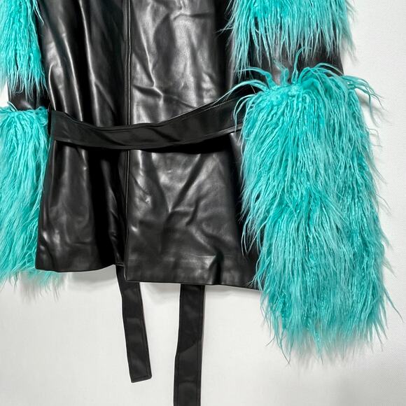 Orttu Freddie Jacket Military Style Faux Fur Black Vegan Faux Leather Aqua Belt - Picture 6 of 14